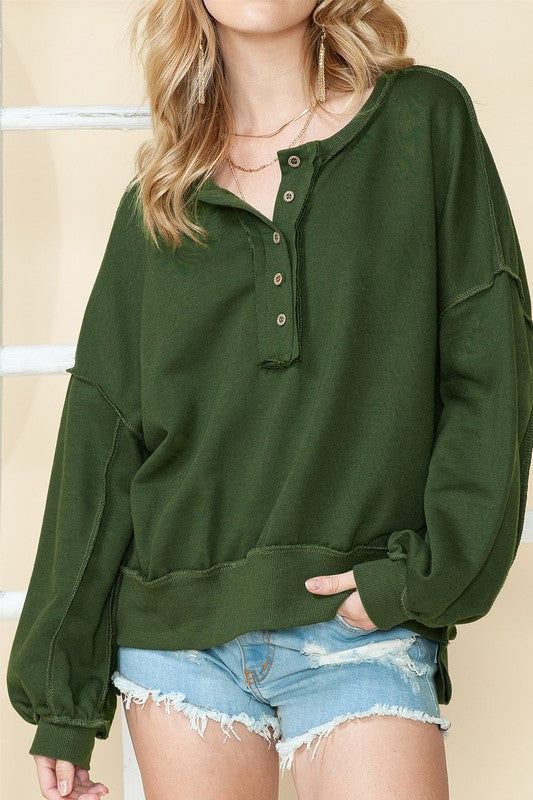 EG Fashion Cotton Split Hem Tunic Henley Sweatshirt in 4 Colors