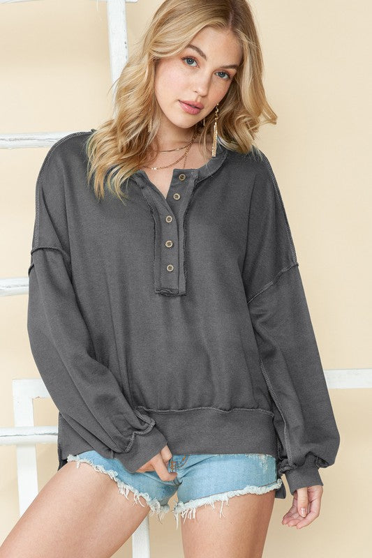 EG Fashion Cotton Split Hem Tunic Henley Sweatshirt in 4 Colors