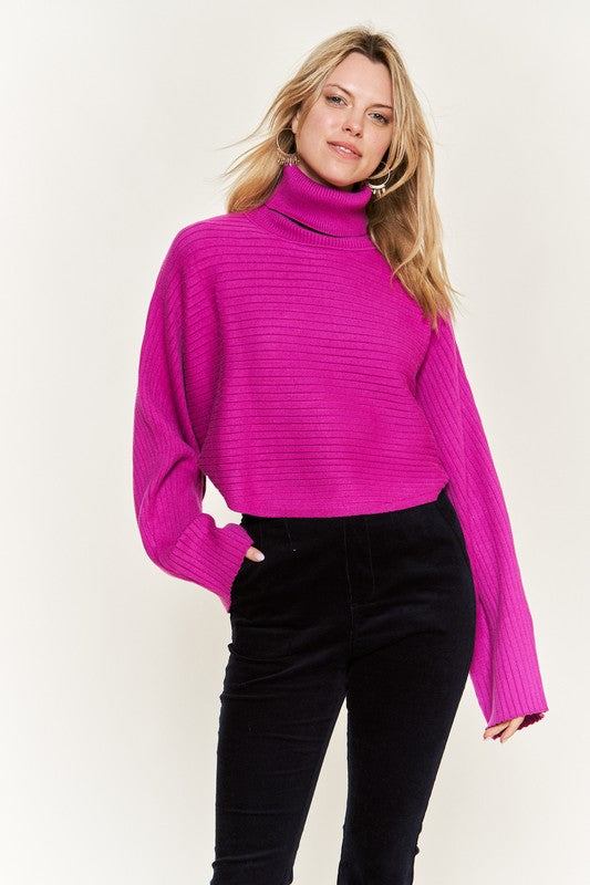 Jade By Jane Plus Bell Sleeve Cropped Turtleneck Sweater Top in Fuchsia Pink or Black NWT