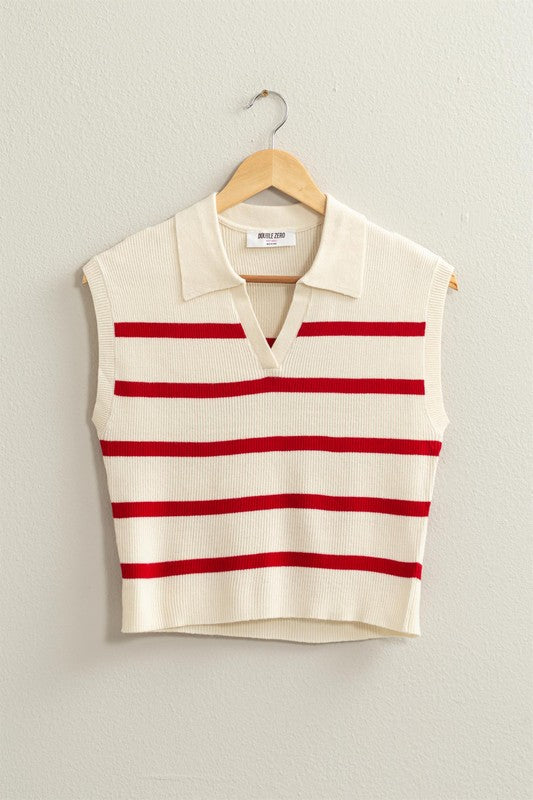 HYFVE Striped Sweater-Knit Cropped Polo Tank Top Top