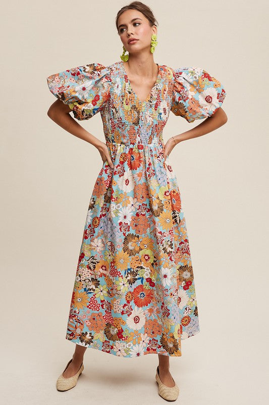 Listicle Flower Print Smocked V-neck Puff Sleeve Maxi Dress