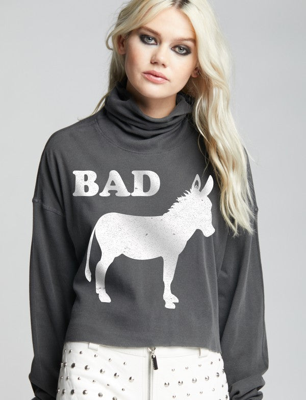 Recycled Karma "Bad Ass" Cropped Turtle Neck Long Sleeve Graphic Tee - Vintage Black