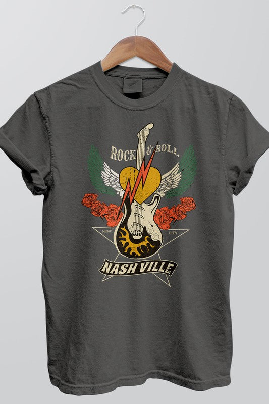 Rebel Stitch Unisex Rock and Roll Nashville Garment Dyed Graphic Tee in 2 Colors