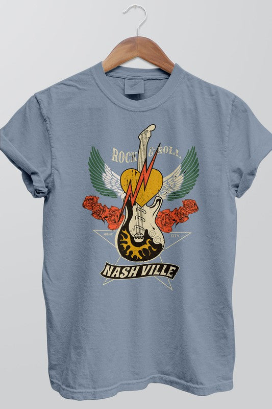 Rebel Stitch Unisex Rock and Roll Nashville Garment Dyed Graphic Tee in 2 Colors