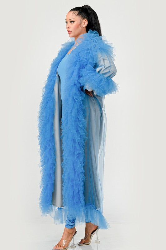 ATHINA Azure Dreamcape Two Piece Sleeveless Jumpsuit and Feather Boa Cape Set in Red or Blue