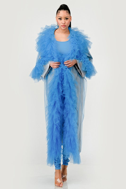 ATHINA Azure Dreamcape Two Piece Sleeveless Jumpsuit and Feather Boa Cape Set in Red or Blue