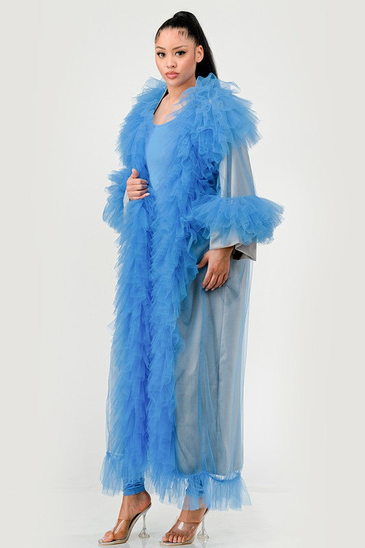 ATHINA Azure Dreamcape Two Piece Sleeveless Jumpsuit and Feather Boa Cape Set in Red or Blue