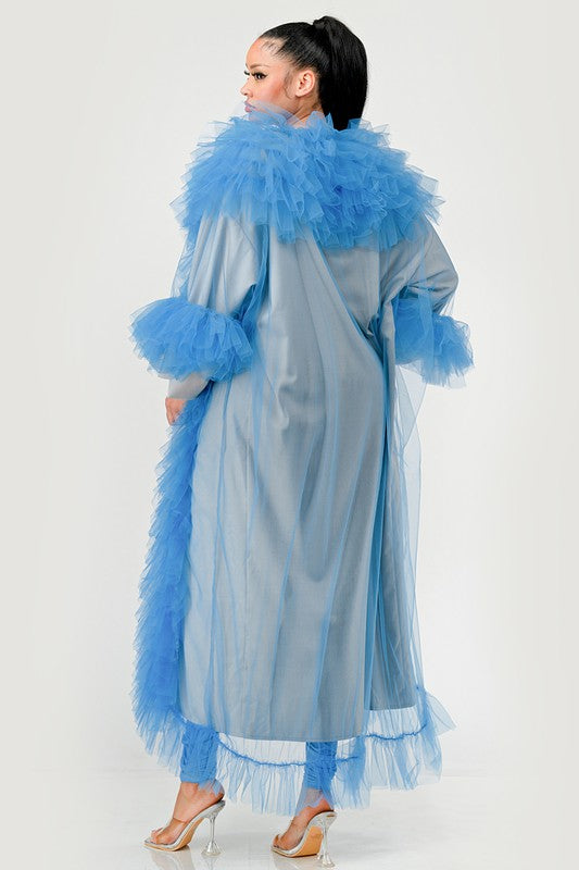 ATHINA Azure Dreamcape Two Piece Sleeveless Jumpsuit and Feather Boa Cape Set in Red or Blue