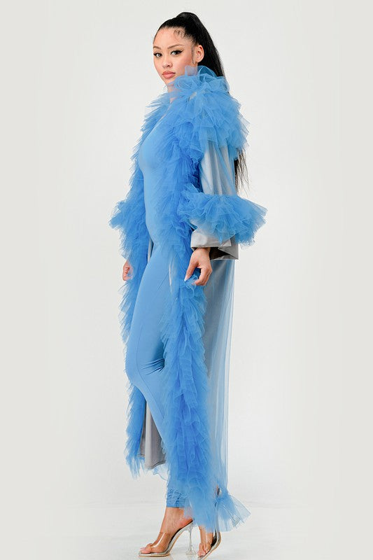 ATHINA Azure Dreamcape Two Piece Sleeveless Jumpsuit and Feather Boa Cape Set in Red or Blue