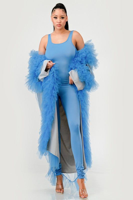 ATHINA Azure Dreamcape Two Piece Sleeveless Jumpsuit and Feather Boa Cape Set in Red or Blue