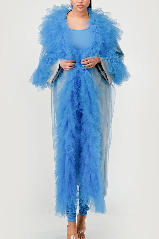 ATHINA Azure Dreamcape Two Piece Sleeveless Jumpsuit and Feather Boa Cape Set in Red or Blue