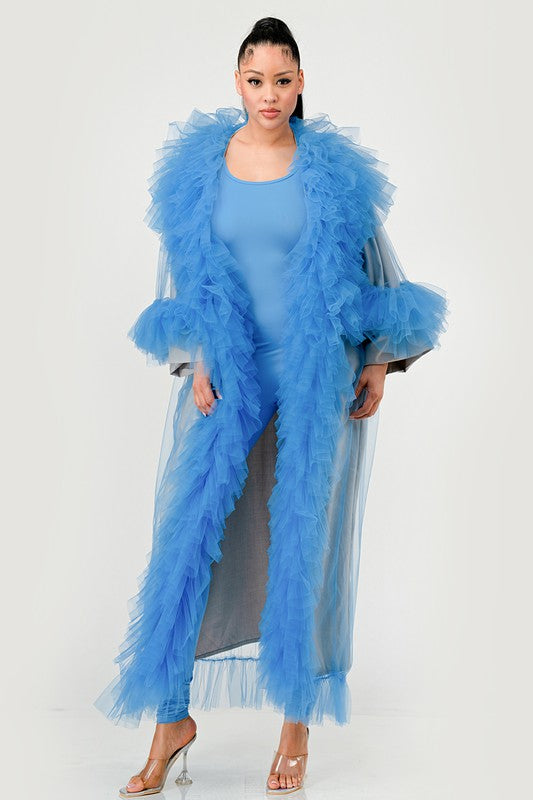 ATHINA Azure Dreamcape Two Piece Sleeveless Jumpsuit and Feather Boa Cape Set in Red or Blue