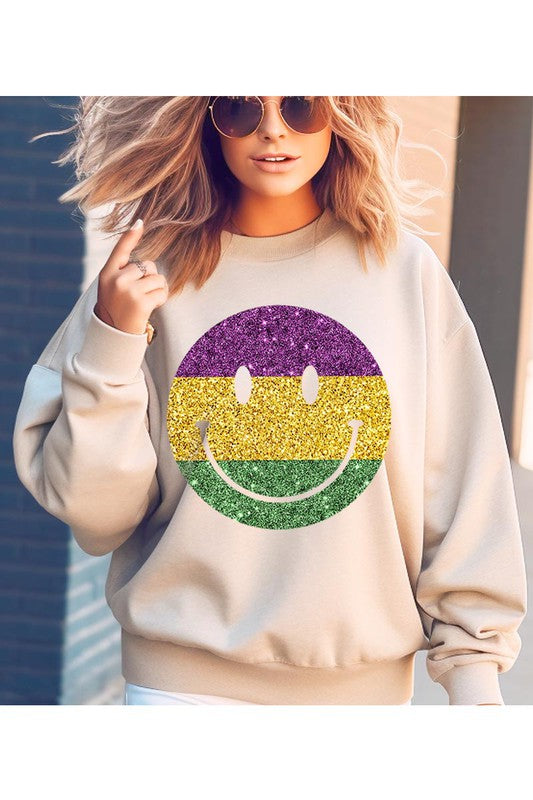 Color Bear Unisex Sparkle Glitter Happy Face Graphic Fleece Sweatshirt in 9 Colors