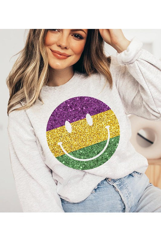 Color Bear Unisex Sparkle Glitter Happy Face Graphic Fleece Sweatshirt in 9 Colors