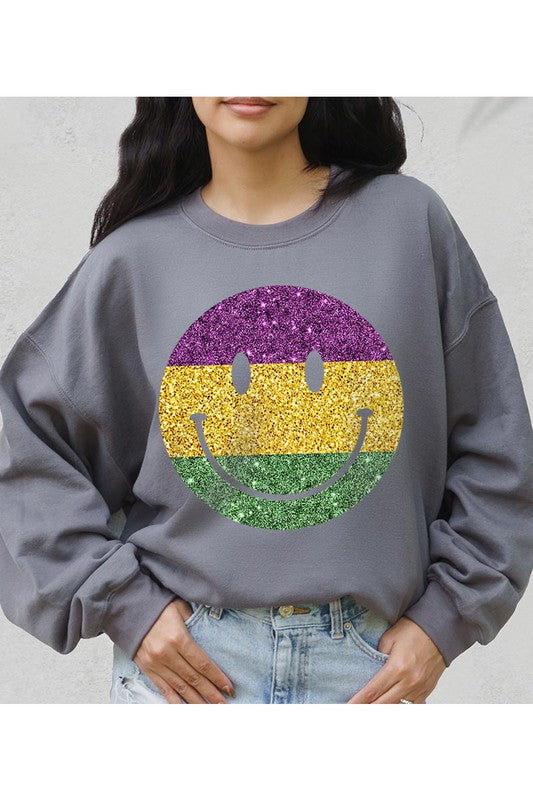 Color Bear Unisex Sparkle Glitter Happy Face Graphic Fleece Sweatshirt in 9 Colors