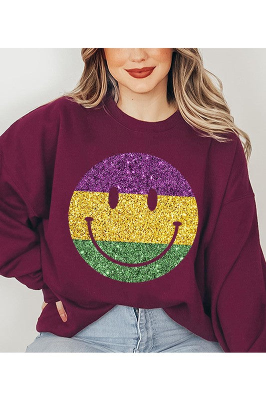 Color Bear Unisex Sparkle Glitter Happy Face Graphic Fleece Sweatshirt in 9 Colors