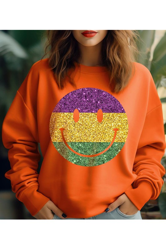 Color Bear Unisex Sparkle Glitter Happy Face Graphic Fleece Sweatshirt in 9 Colors