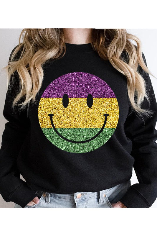 Color Bear Unisex Sparkle Glitter Happy Face Graphic Fleece Sweatshirt in 9 Colors