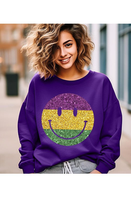 Color Bear Unisex Sparkle Glitter Happy Face Graphic Fleece Sweatshirt in 9 Colors