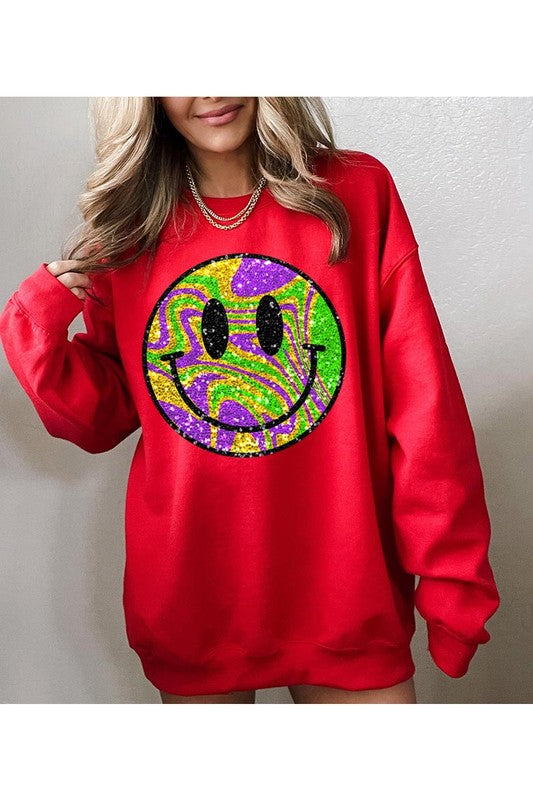 Color Bear Unisex Psychedelic Sparkle Glitter Happy Face Graphic Fleece Sweatshirt in 9 Colors