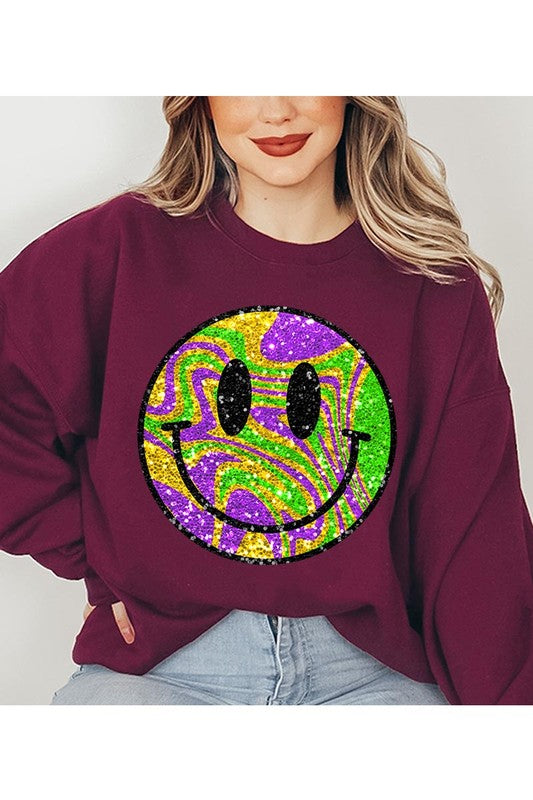 Color Bear Unisex Psychedelic Sparkle Glitter Happy Face Graphic Fleece Sweatshirt in 9 Colors