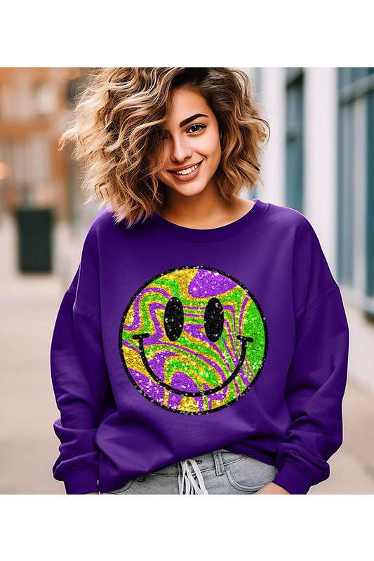 Color Bear Unisex Psychedelic Sparkle Glitter Happy Face Graphic Fleece Sweatshirt in 9 Colors