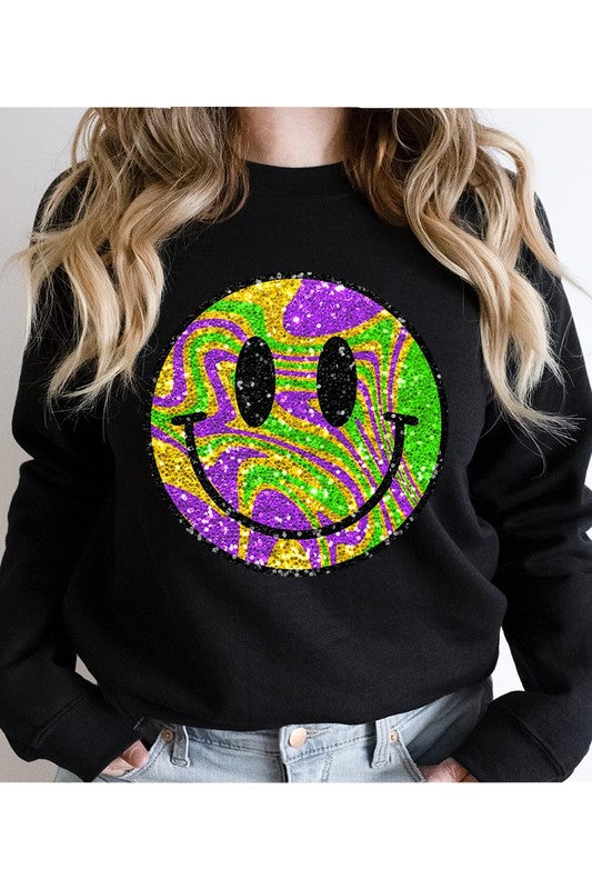 Color Bear Unisex Psychedelic Sparkle Glitter Happy Face Graphic Fleece Sweatshirt in 9 Colors