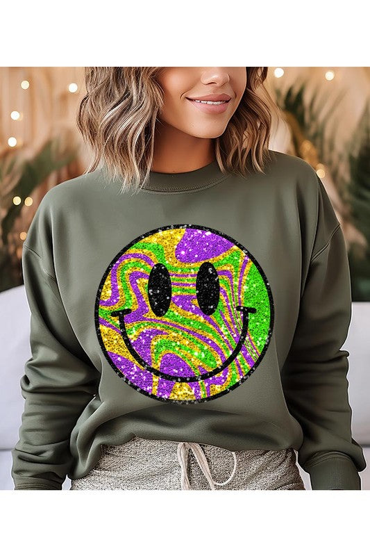 Color Bear Unisex Psychedelic Sparkle Glitter Happy Face Graphic Fleece Sweatshirt in 9 Colors