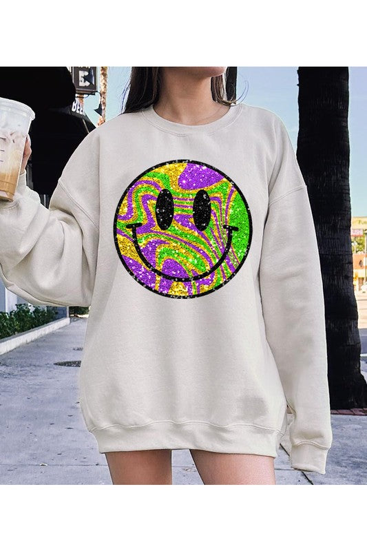 Color Bear Unisex Psychedelic Sparkle Glitter Happy Face Graphic Fleece Sweatshirt in 9 Colors