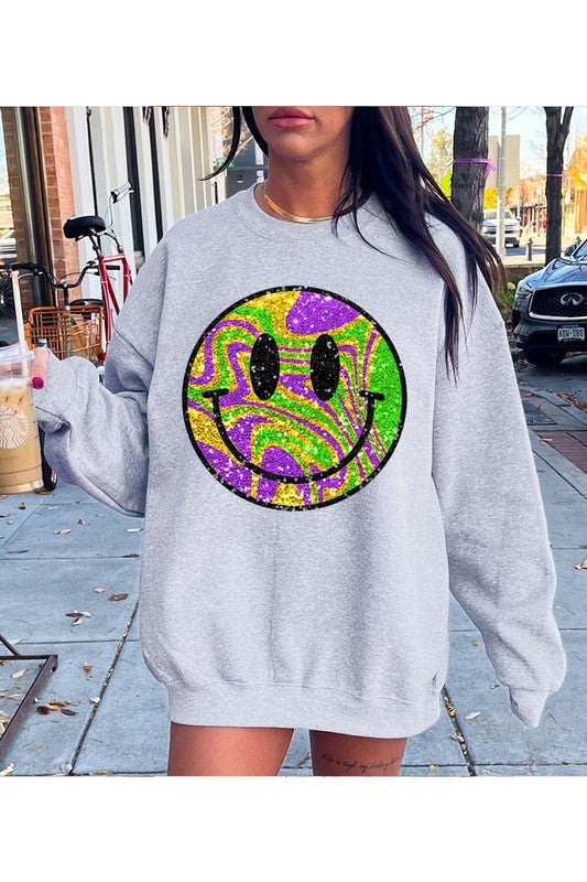 Color Bear Unisex Psychedelic Sparkle Glitter Happy Face Graphic Fleece Sweatshirt in 9 Colors