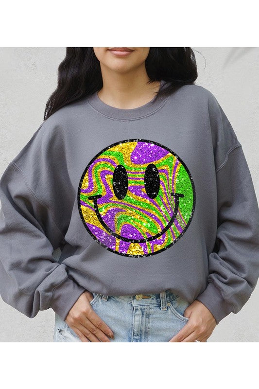 Color Bear Unisex Psychedelic Sparkle Glitter Happy Face Graphic Fleece Sweatshirt in 9 Colors