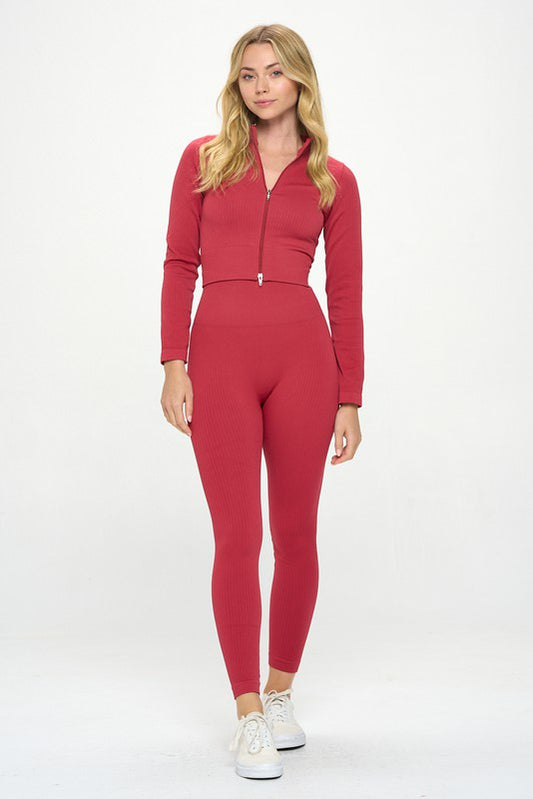 OTOS Active Two Piece Ribbed Seamless Zip Jacket & Leggings Set in Wine Red