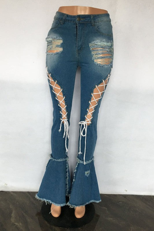 BY CLAUDE CUTOUT STITCH DENIM JEANS IN BLACK OR BLUE