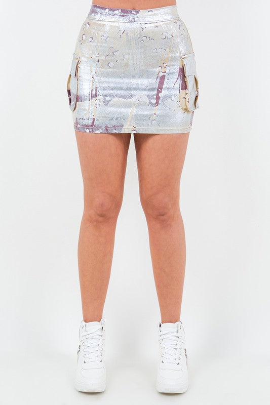 By Claude Camo Silver Foil Cargo Mini Skirt