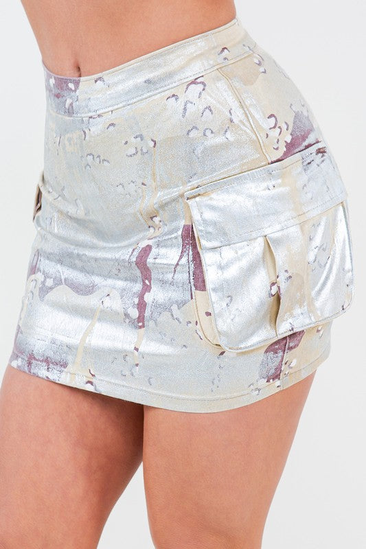 By Claude Camo Silver Foil Cargo Mini Skirt