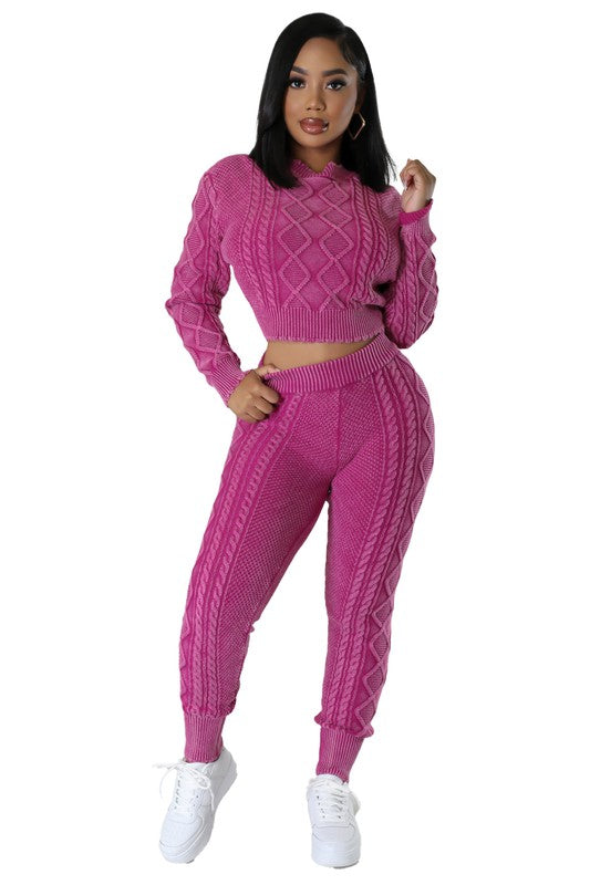 By Claude Two-Piece Cable-Knit Long Sleeves Crop Top & Fitted Joggers Set in 2 Colors