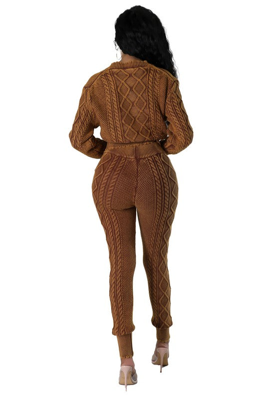 By Claude Two-Piece Cable-Knit Long Sleeves Crop Top & Fitted Joggers Set in 2 Colors