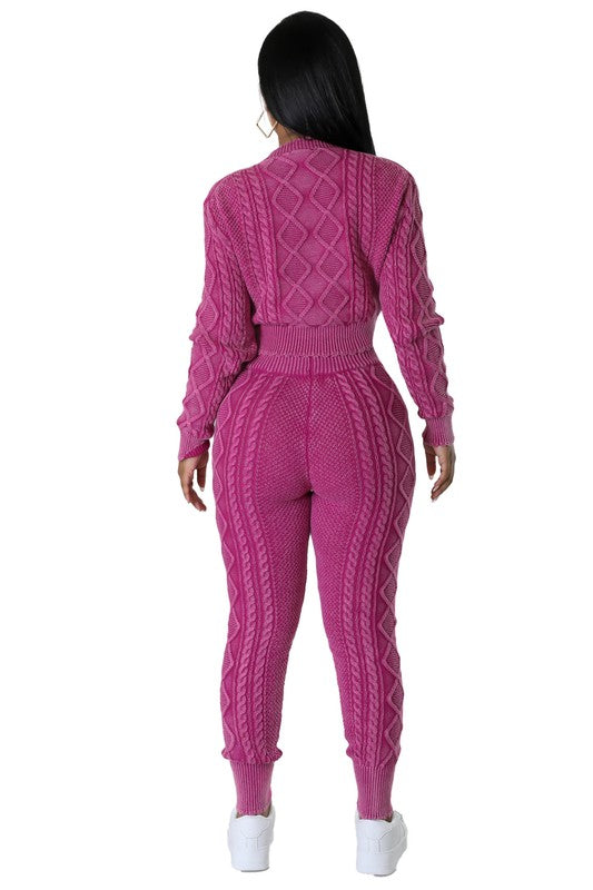 By Claude Two-Piece Cable-Knit Long Sleeves Crop Top & Fitted Joggers Set in 2 Colors