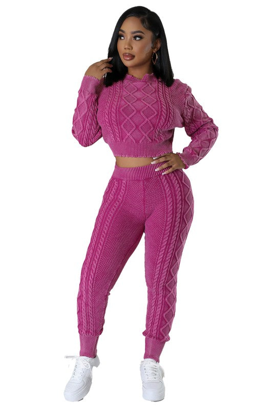 By Claude Two-Piece Cable-Knit Long Sleeves Crop Top & Fitted Joggers Set in 2 Colors