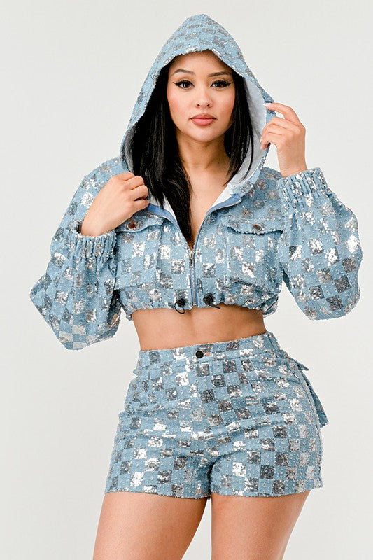 Athina Glitz & Denim Sequin Crop Hoodie & Shorts Set