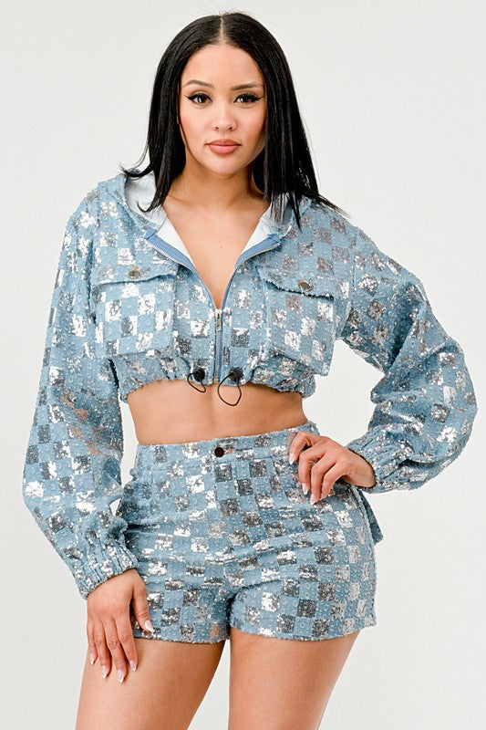 Athina Glitz & Denim Sequin Crop Hoodie & Shorts Set