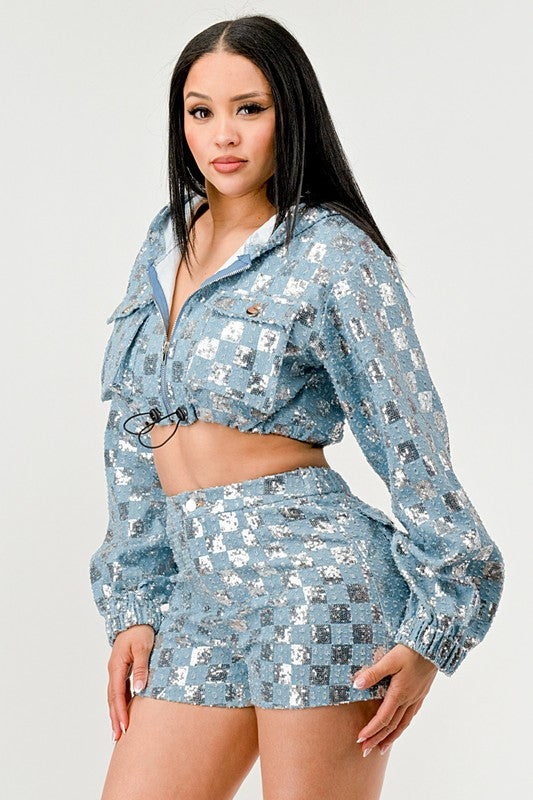 Athina Glitz & Denim Sequin Crop Hoodie & Shorts Set