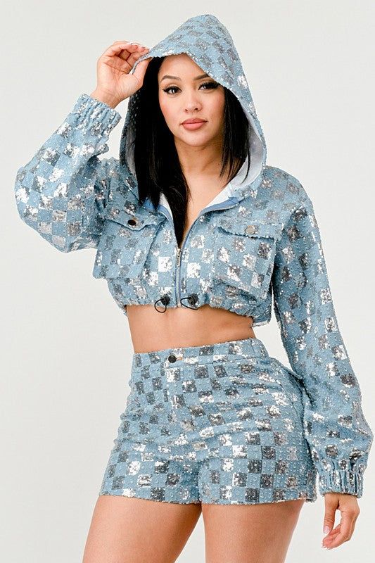 Athina Glitz & Denim Sequin Crop Hoodie & Shorts Set