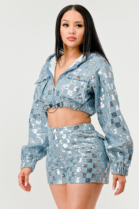 Athina Glitz & Denim Sequin Crop Hoodie & Shorts Set