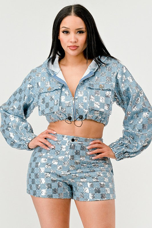 Athina Glitz & Denim Sequin Crop Hoodie & Shorts Set