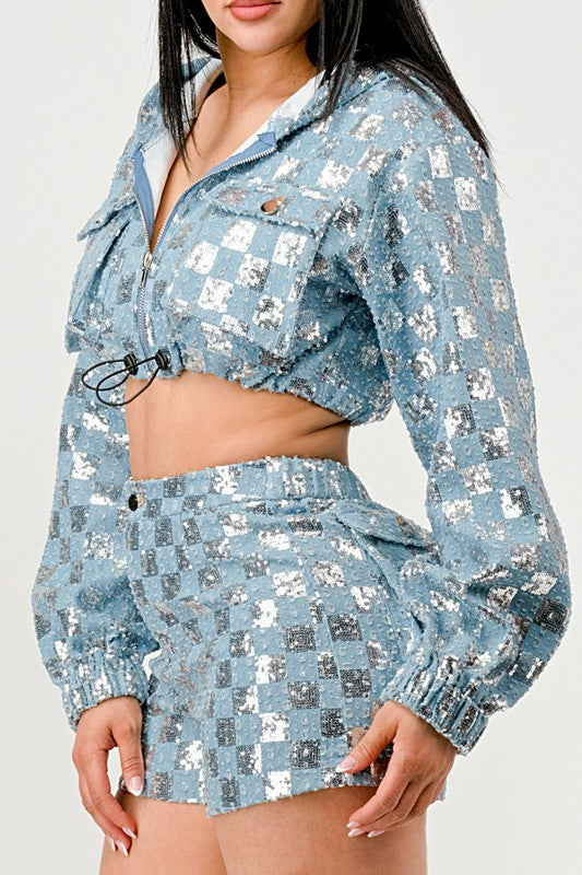 Athina Glitz & Denim Sequin Crop Hoodie & Shorts Set