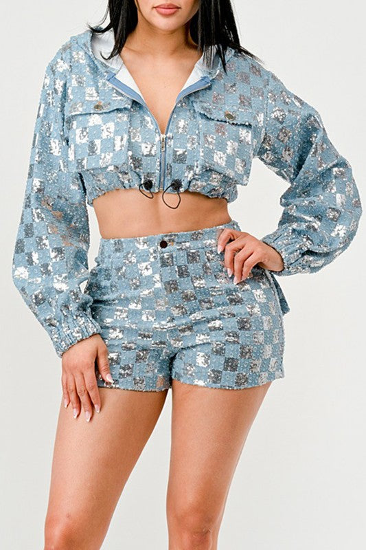 Athina Glitz & Denim Sequin Crop Hoodie & Shorts Set