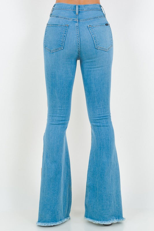 GJG Denim Faux Cow Hide Rodeo Bell Bottom Jeans in Light Denim