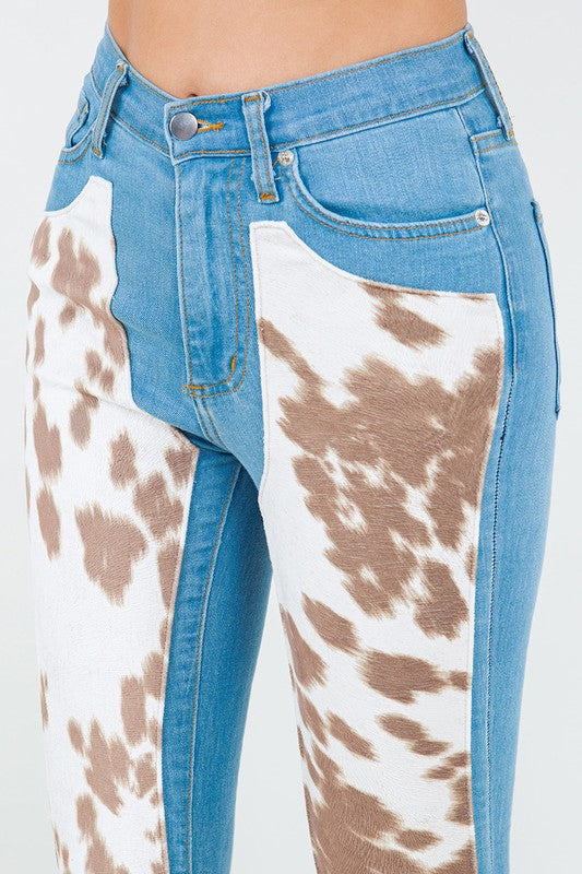 GJG Denim Faux Cow Hide Rodeo Bell Bottom Jeans in Light Denim