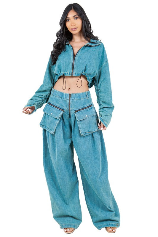 BY CLAUDE TWO PIECE DENIM CROP TOP AND PANT SET IN 2 COLORS